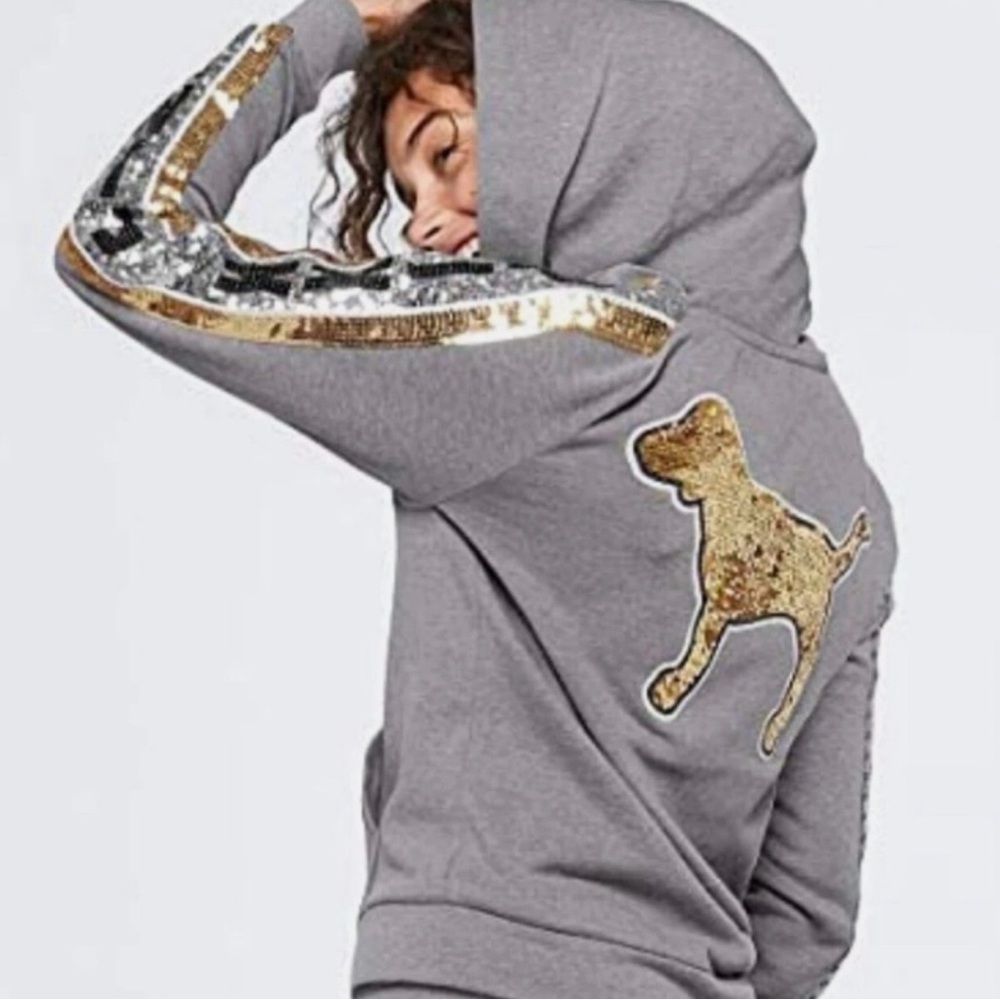 PINK Victoria's Secret Gray Hoodie with Gold Sequin Dog